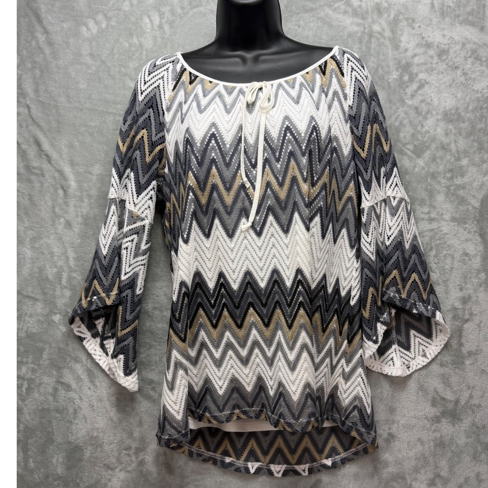 Tacera Womens Chevron Crochet Lace Bell Sleeve Top Gray Gold White Size M